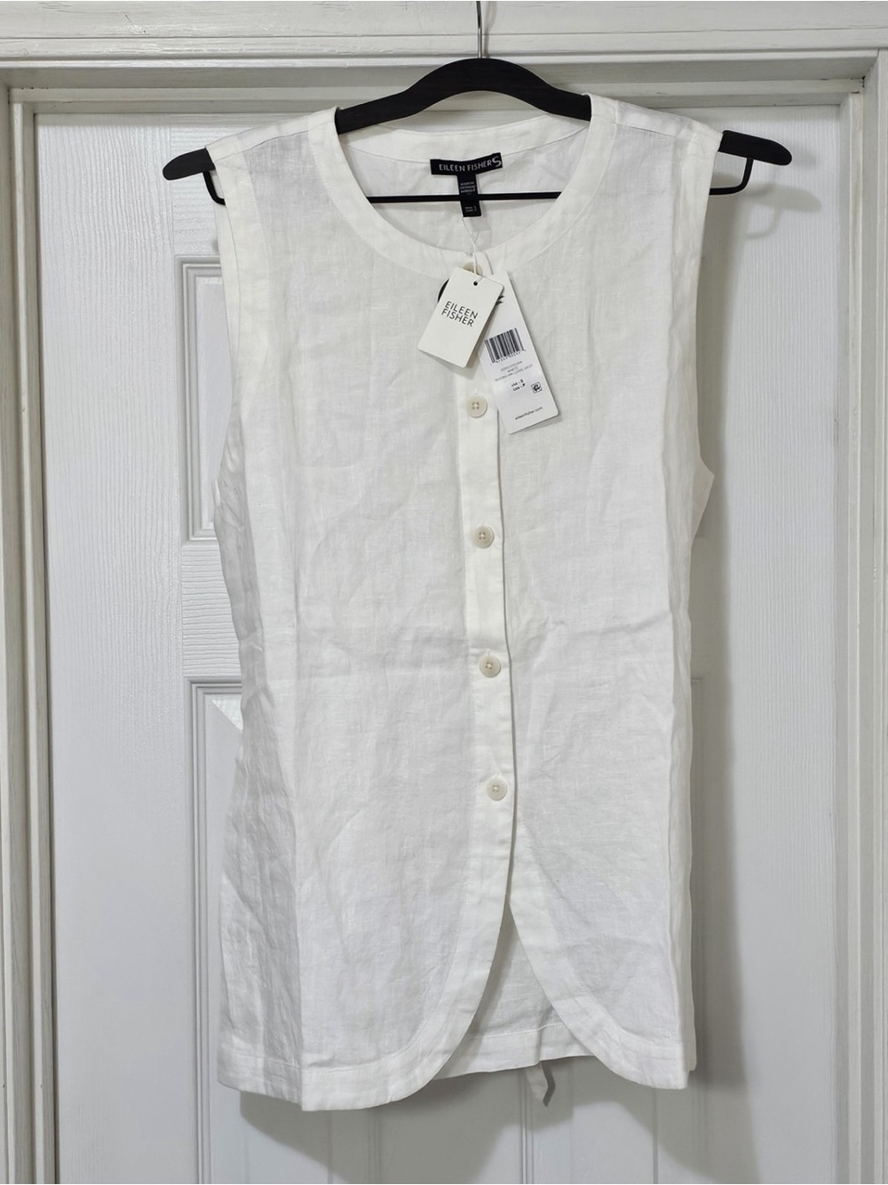 Eileen Fisher Organic Linen White Round Neck Long Button Front Vest
